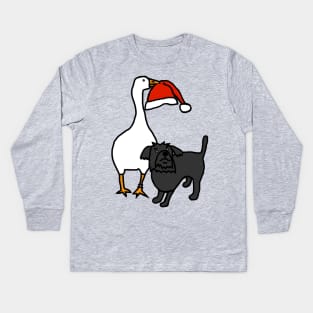Gaming Goose Steals Christmas Santa Hat from Cute Dog Kids Long Sleeve T-Shirt
